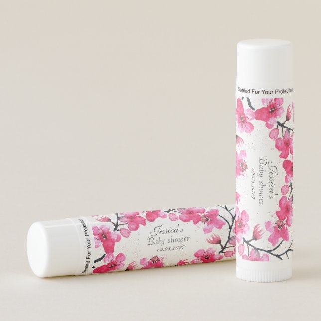 Pink Cherry Blossom Watercolor Girl Baby Shower Lip Balm (Front)