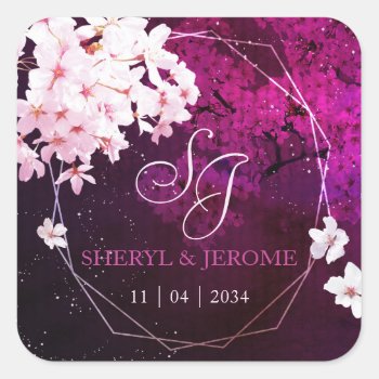 Pink Cherry Blossom Wedding Invitation Square Sticker by BridalHeaven at Zazzle