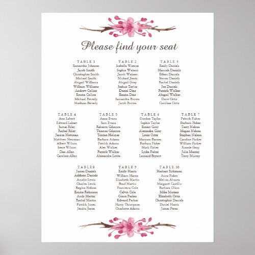 Pink cherry blossom Wedding Seating Chart Poster