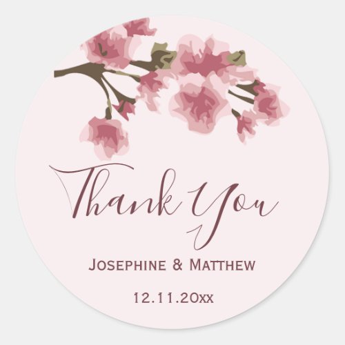 Pink Cherry Blossom Wedding Thank You Classic Round Sticker