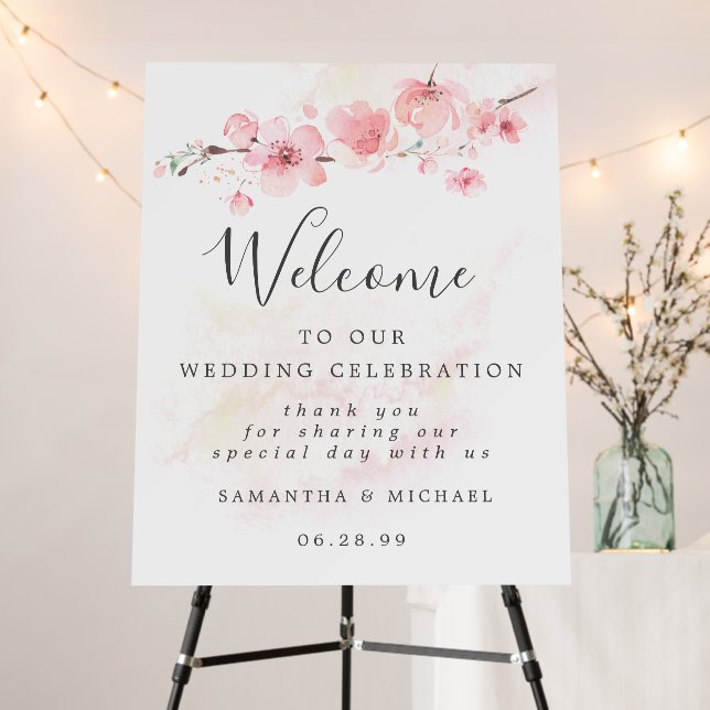 Pink Cherry Blossom Wedding Welcome Sign (In Situ (Stand))