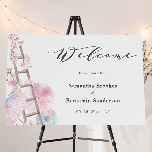 Pink Cherry Blossom Wedding Welcome Sign (In Situ (Stand))
