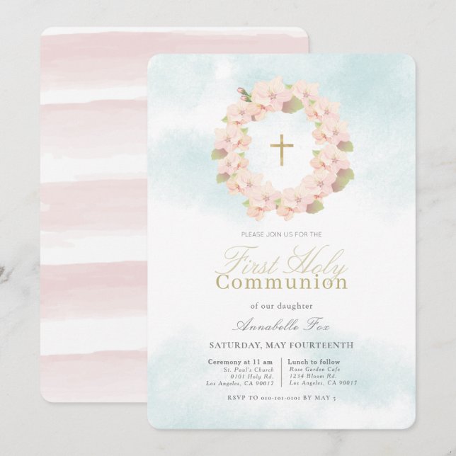 Pink Cherry Blossom Wreath First Holy Communion Invitation (Front/Back)