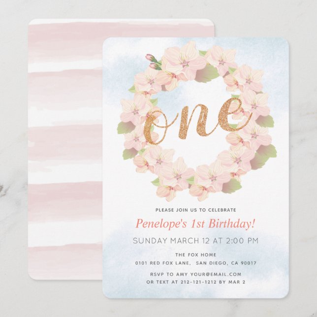 Pink Cherry Blossom Wreath Girl 1st Birthday Invitation (Front/Back)