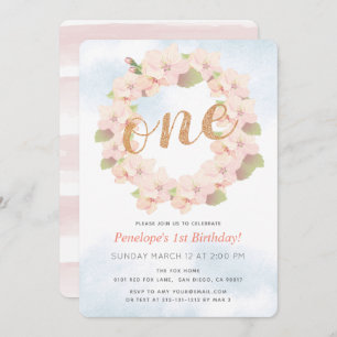 Pink Cherry Blossom Wreath Girl 1st Birthday Invitation