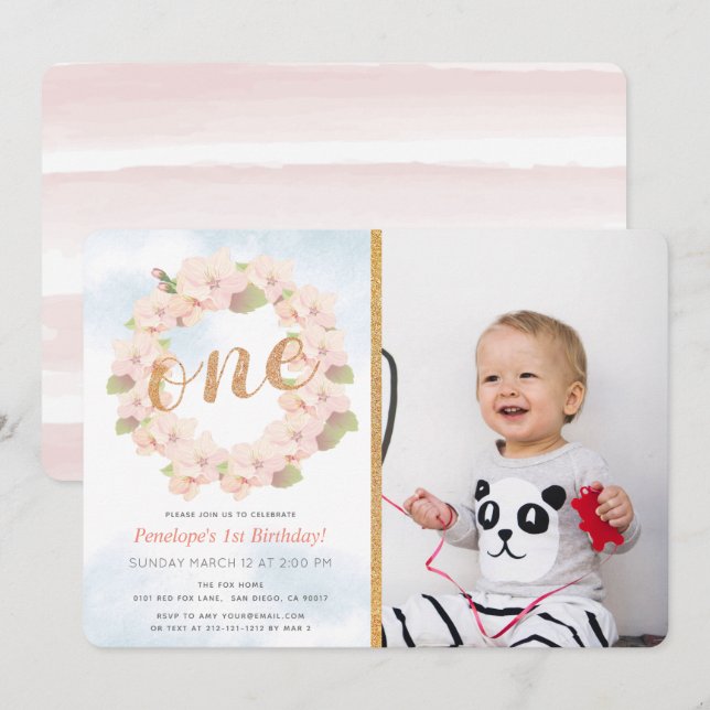 Pink Cherry Blossom Wreath Girl 1st Photo Birthday Invitation (Front/Back)