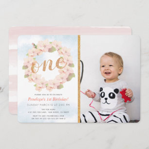Pink Cherry Blossom Wreath Girl 1st Photo Birthday Invitation
