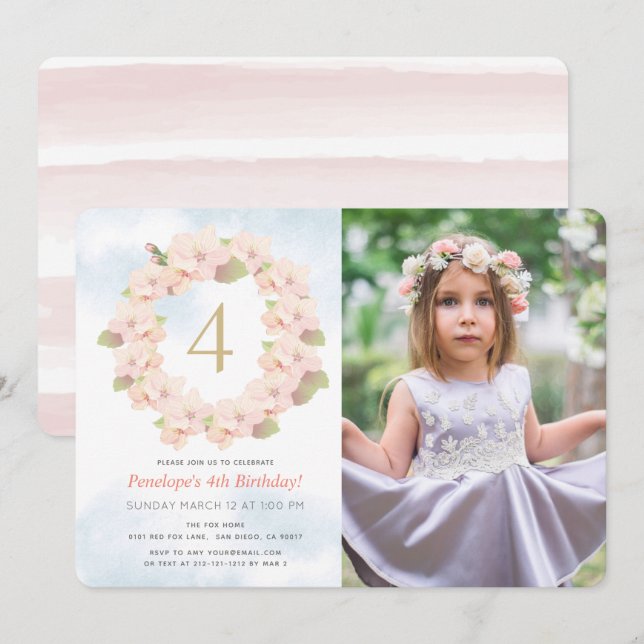 Pink Cherry Blossom Wreath Girl Photo Birthday Invitation (Front/Back)