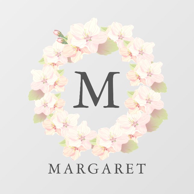 Pink Cherry Blossom Wreath Monogram Name Wall Decal (Front)