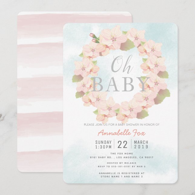 Pink Cherry Blossom Wreath Oh Baby Shower Invitation (Front/Back)