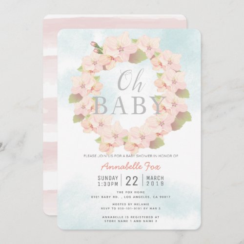 Pink Cherry Blossom Wreath Oh Baby Shower Invitation