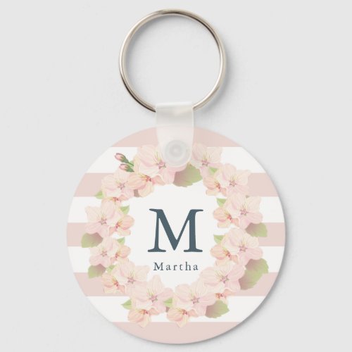 Pink Cherry Blossom Wreath Stripe Monogram Keychain