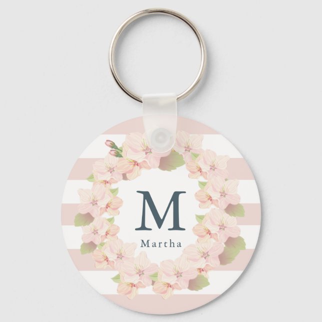 Pink Cherry Blossom Wreath Stripe Monogram Keychain (Front)