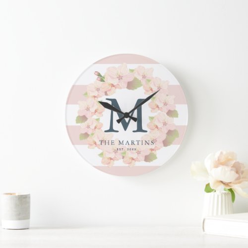 Pink Cherry Blossom Wreath Stripe Monogram Large Clock