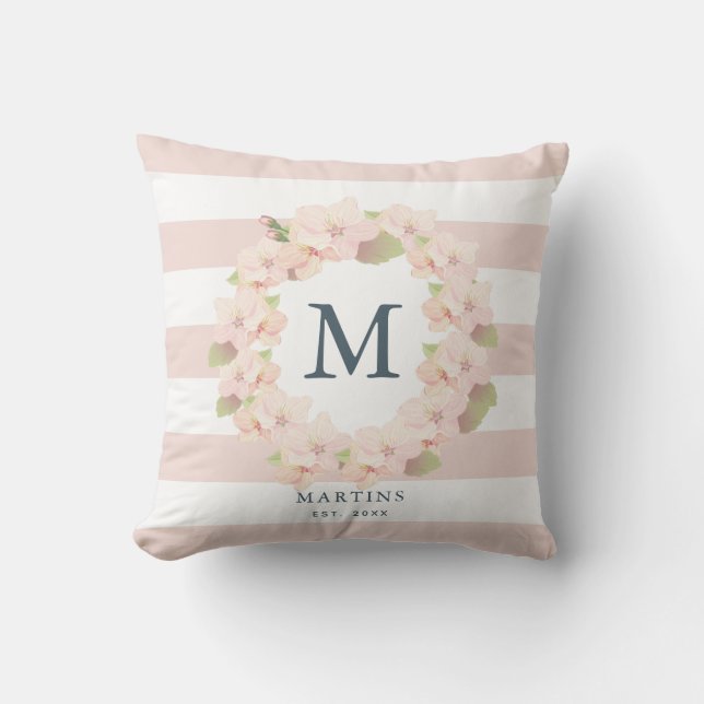 Pink Cherry Blossom Wreath Stripe Monogram Throw Pillow (Front)