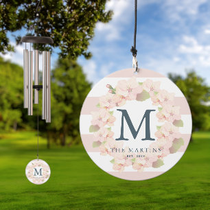Pink Cherry Blossom Wreath Stripe Monogram Wind Chime