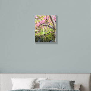 Pink Cherry Blossoms Alongside Pond Canvas Photo Tile