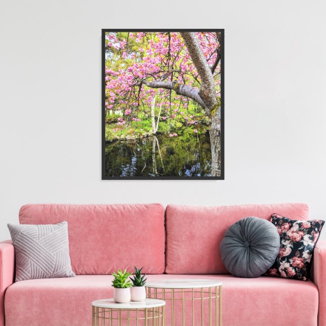 Pink Cherry Blossoms Alongside Pond Canvas Print (Insitu(LivingRoom))