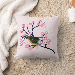 Pink Cherry Blossoms and Bird Floral Square Throw Pillow