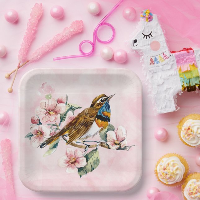  Pink Cherry Blossoms and Bird  Paper P Plates (Party)