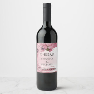 Pink Cherry Blossoms and Butterflies Wedding Wine Label