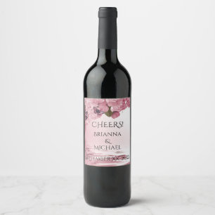 Pink Cherry Blossoms and Butterflies Wedding Wine Wine Label