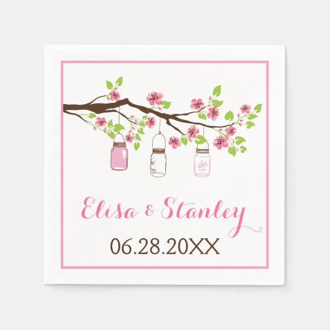 Pink cherry blossoms and mason jars wedding napkins (Front)