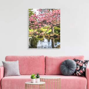 Pink Cherry Blossoms and Pond Photographic Canvas Print