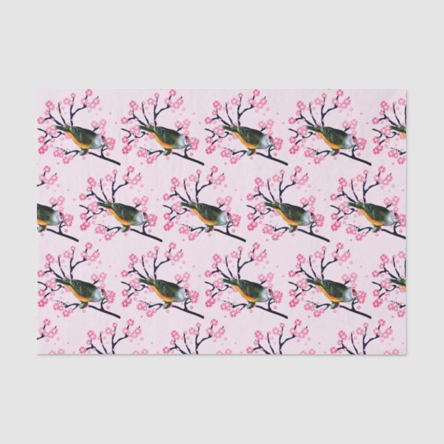 Pink Cherry Blossoms and Songbird Decoupage Tissue Paper (Front)