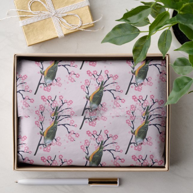 Pink Cherry Blossoms and Songbird Decoupage Tissue Paper (Gift)