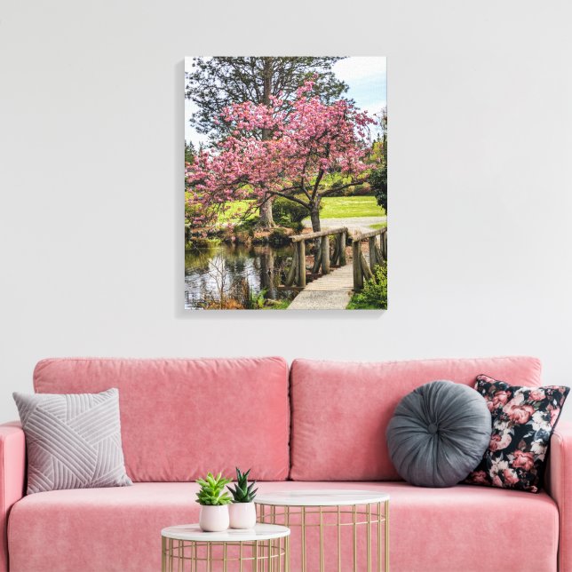 Pink Cherry Blossoms and Wooden Footbridge Canvas Print (Insitu(LivingRoom))