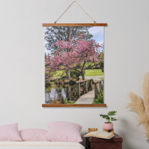 Pink Cherry Blossoms and Wooden Footbridge Hanging Tapestry