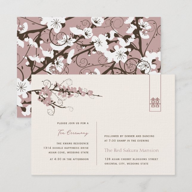 Pink Cherry Blossoms Asian Wedding Reception Invitation (Front/Back)