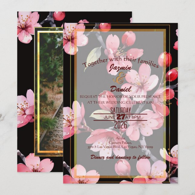Pink Cherry Blossoms Black Photo Box Invitation (Front/Back)