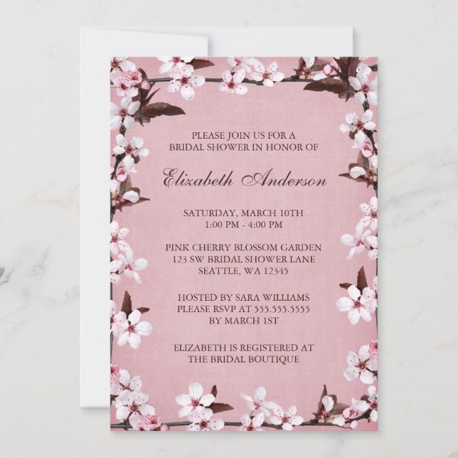 Pink Cherry Blossoms Border Bridal Shower Invitation (Front)