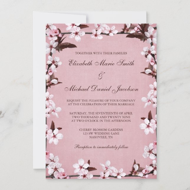 Pink Cherry Blossoms Border Wedding Invitation (Front)