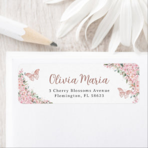 Pink Cherry Blossoms Butterflies Return Address Label