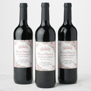 Pink Cherry Blossoms Butterflies Rose Gold Wine Label