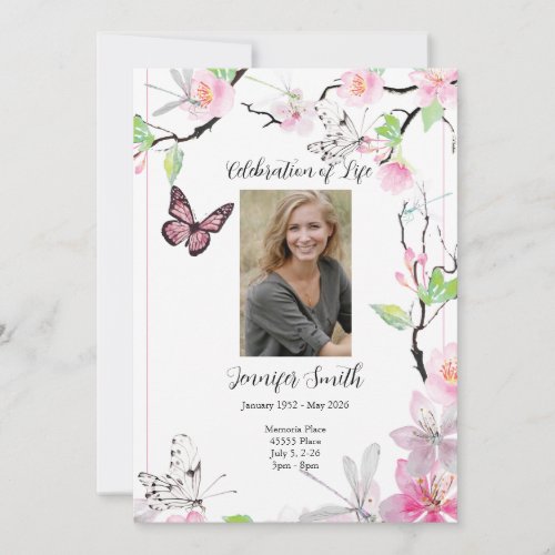 Pink Cherry Blossoms  Butterfly Funeral Invite