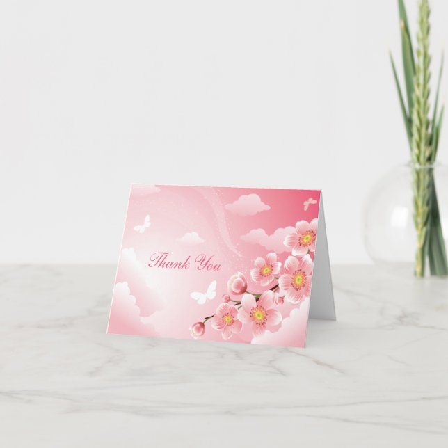 Pink Cherry Blossoms Butterfly Thank You Note Card (Front)