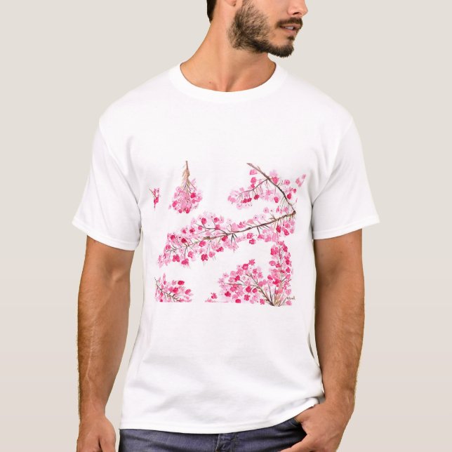 Pink cherry blossoms chic watercolor T-Shirt (Front)
