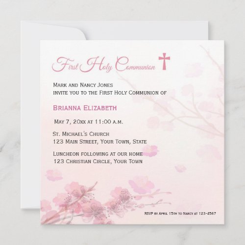 Pink Cherry Blossoms  First Communion Custom Announcement