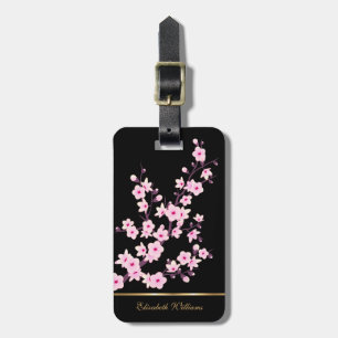 Pink Cherry Blossoms Floral Black Customizable Lug Luggage Tag