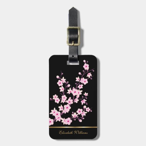 Pink Cherry Blossoms Floral Black Customizable Lug Luggage Tag
