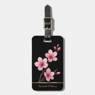 Pink Cherry Blossoms Floral Black Customizable Lug Luggage Tag