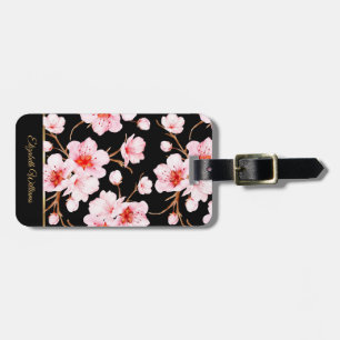 Pink Cherry Blossoms Floral Black Customizable Luggage Tag