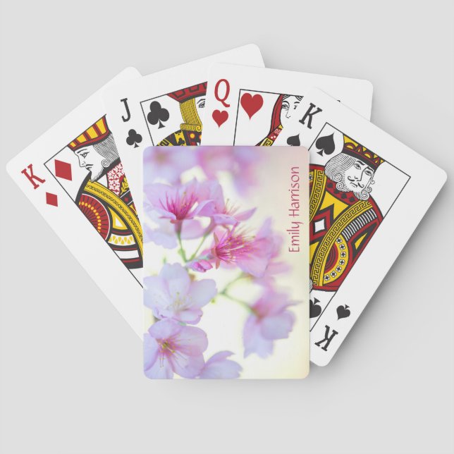 Pink Cherry Blossoms Floral Monogram Name Poker Cards (Back)