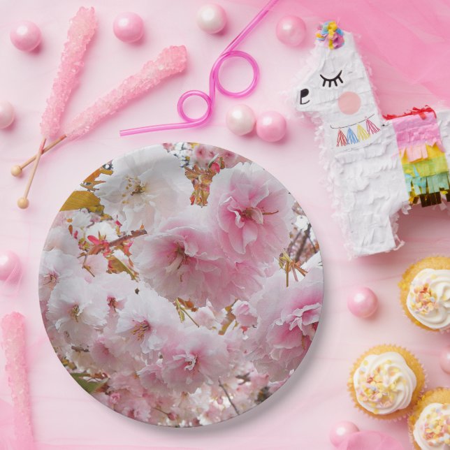 Pink Cherry Blossoms Floral Paper Plates (Party)