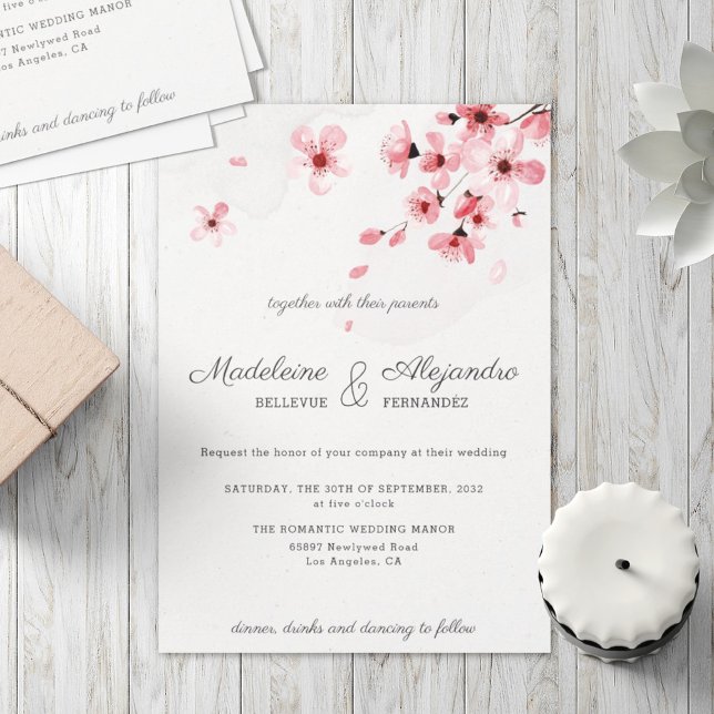 Pink Cherry Blossoms floral romantic wedding Invitation (Creator Uploaded)