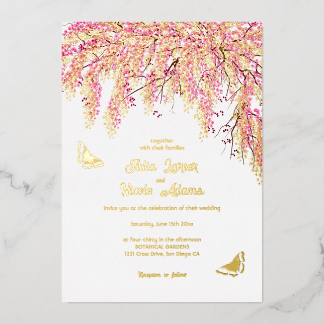Pink Cherry Blossoms Floral Shower Wedding Foil Invitation (Front)
